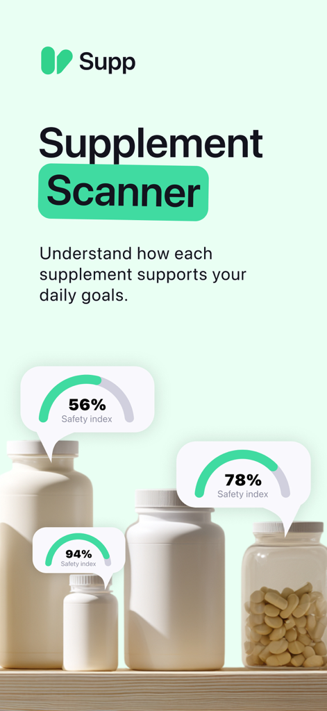 A display of supplement bottles showing various safety index percentage scores in the Supp app