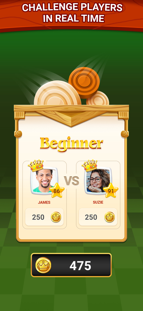 In-game screenshot of Quick Checkers showing a 1v1 real-time match between two players at the beginner level