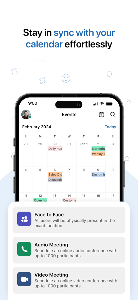 Zoho Cliq - Team Communication - 캘린더 일정과 대면 오디오 및 화상 회의 옵션을 보여주는 Zoho Cliq 모바일 앱 인터페이스