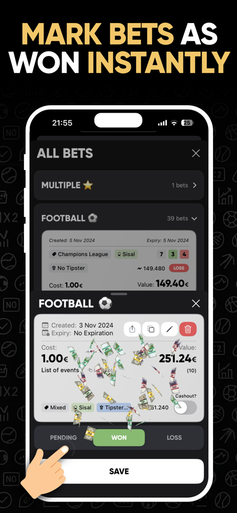 Schermata dell'iPhone che mostra un utente che contrassegna una scommessa sportiva come vinta nell'app Betty con animazione di coriandoli di denaro