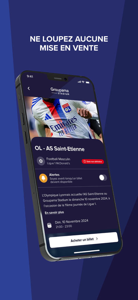 Groupama Stadium - Groupama Stadium mobile app screen showing ticket sales and match details for Olympique Lyonnais