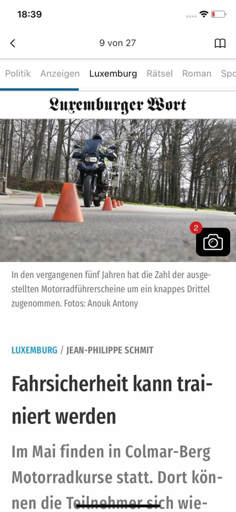 Wort E-Paper - Ein Nachrichtenartikel in der Wort E-Paper App über ein Motorrad-Sicherheitstraining in Luxemburg