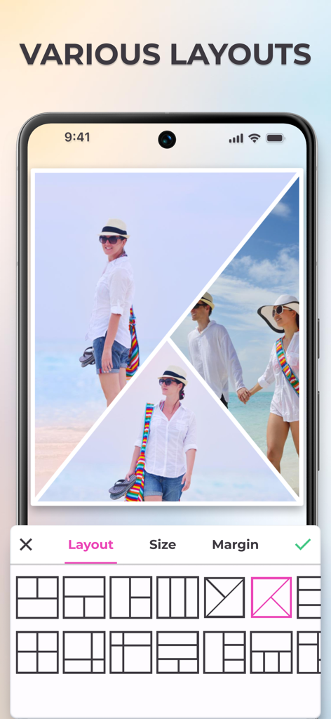 Grid Photo Maker - Pic Collage - Interfaz de la aplicación móvil Creador de Fotos en Cuadrícula que muestra varias plantillas de diseño de collage y una cuadrícula de fotos triangular de ejemplo