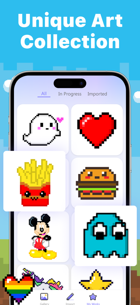A gallery of unique pixel art designs in the Color by Number AI app including cute food and characters