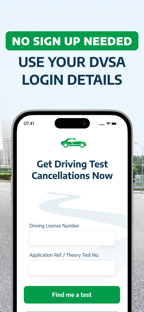 Test Hunter - Cancellations UK - Pantalla de inicio de sesión de la aplicación Test Hunter para cancelaciones de exámenes de conducir en el Reino Unido que requiere detalles de licencia DVSA y examen teórico