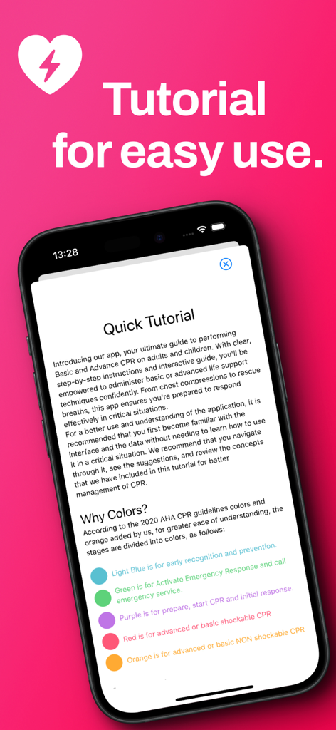 CPR Life Support:  Life Saver - CPR Life Support app tutorial screen showing color-coded instructions for emergency resuscitation