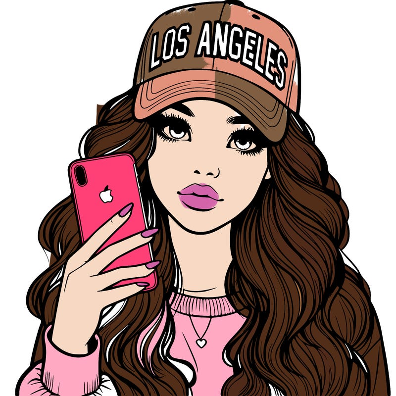 realistic beautiful girl wearing los ángeles cap holding an iphone