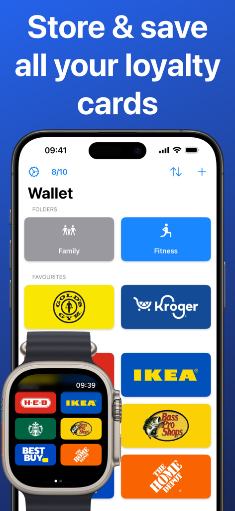 Barcodes: Loyalty Card Wallet - さまざまなロイヤルティカードが表示されたデジタルウォレットのiPhoneとApple Watch