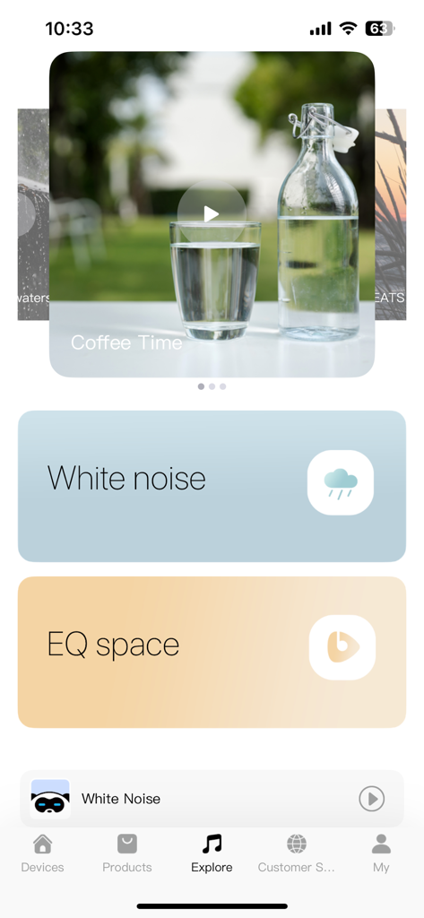 SOUNDPEATS app Explore tab featuring white noise and EQ space sections