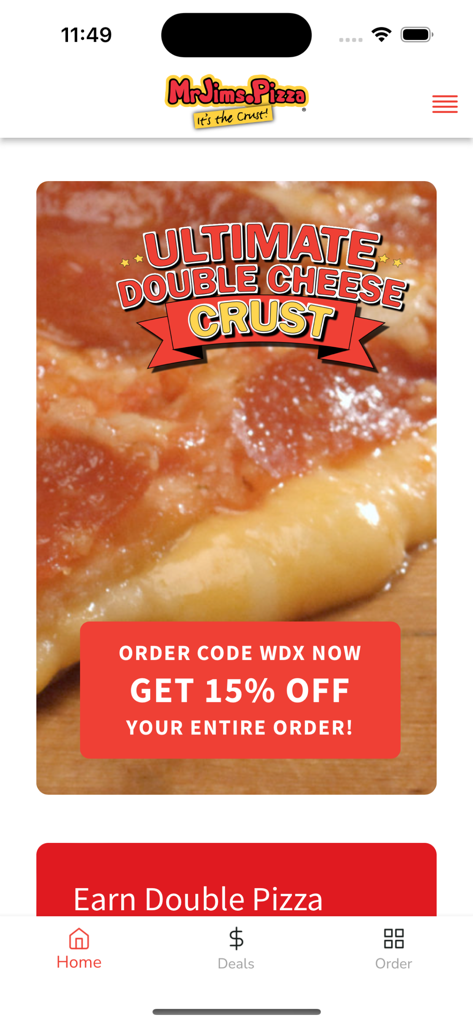 MrJims.Pizza - Écran d'accueil de l'application MrJims Pizza présentant un code de réduction de 15 % sur la pizza Ultimate Double Cheese Crust.