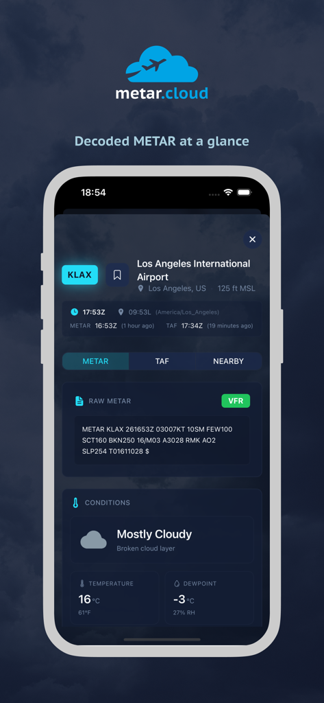 METAR Cloud - Interfaz de la aplicación METAR Cloud que muestra el tiempo aeronáutico decodificado para el Aeropuerto Internacional de Los Ángeles KLAX con temperatura y condiciones de nubes.
