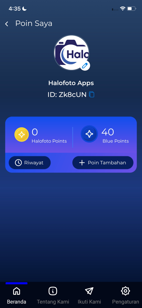 Halofoto App - Interface of the Halofoto App displaying user ID and reward points for photography community members