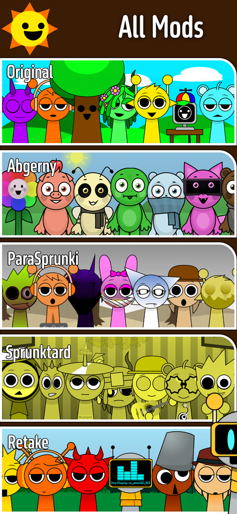 All Mods SP Guide - Uma lista de diferentes mods de jogo Sprunki incluindo estilos Original, Abgerny, ParaSprunki e Retake