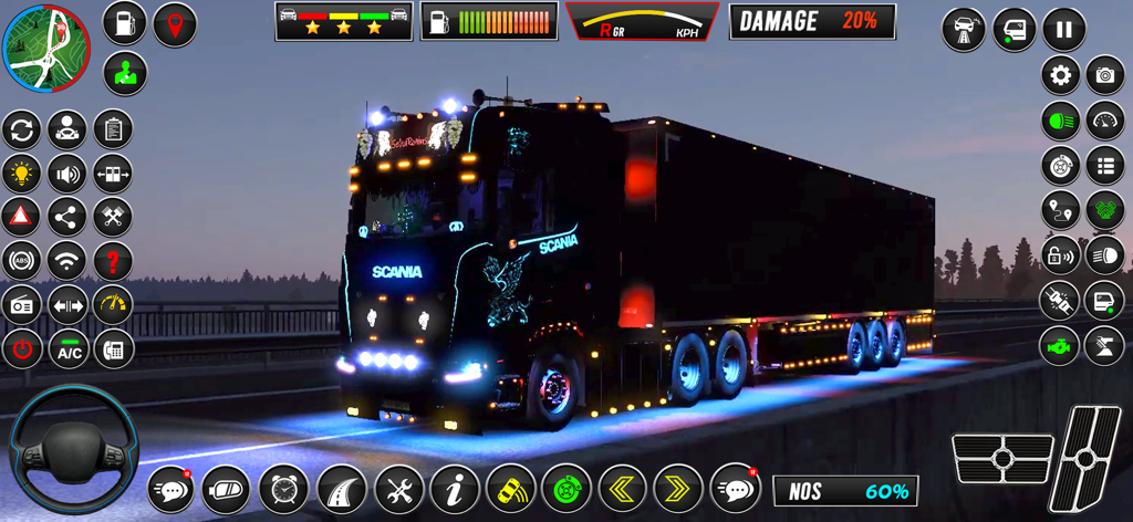 Camión Scania personalizado con luces de neón conduciendo de noche en el juego Euro Truck Simulator