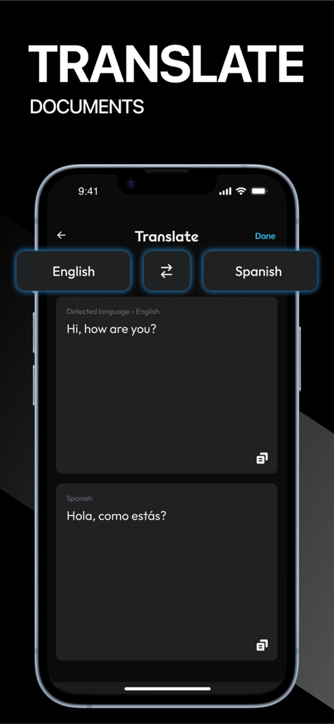 Interface of the ScanNow app showing the document translation feature from English to Spanish