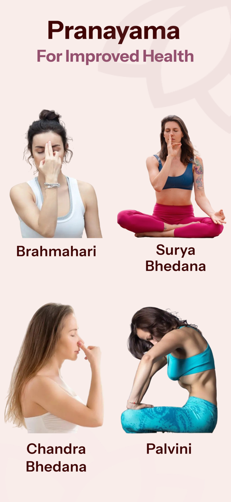 Yoga for Beginners - Workout - 건강 개선을 위한 네 가지 다른 프라나야마 호흡 운동을 보여주는 초보자를 위한 요가 앱의 화면