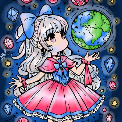 magical girl with floating orb in hand  crystals everywhere.