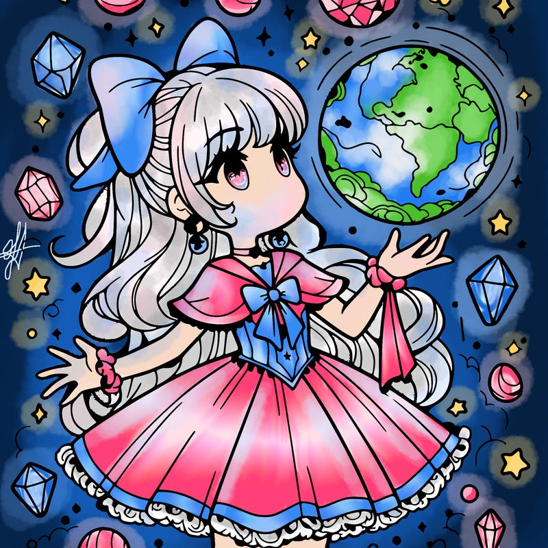magical girl with floating orb in hand  crystals everywhere.