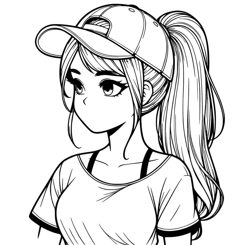 realistic looking girl with her hair in a really long ponytail and a base ball cap, t-shirt