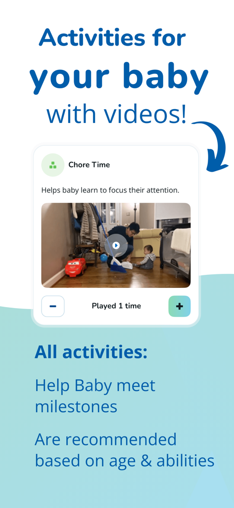 Pathways.org Baby Milestones - Interface of the Pathways.org app showing a developmental activity video for babies with a play button and activity description