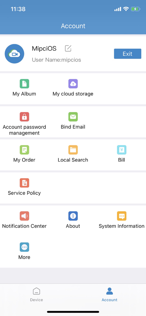 User account interface of the MIPC security app displaying menu options for cloud storage notifications and billing