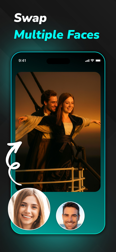 Un'interfaccia mobile di Face Swap AI Photo Editor che mostra come sostituire più volti in una scena di un film romantico.