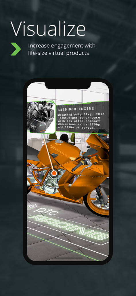 Smartphone mostrando una visualización de RA de un motor de motocicleta con especificaciones técnicas