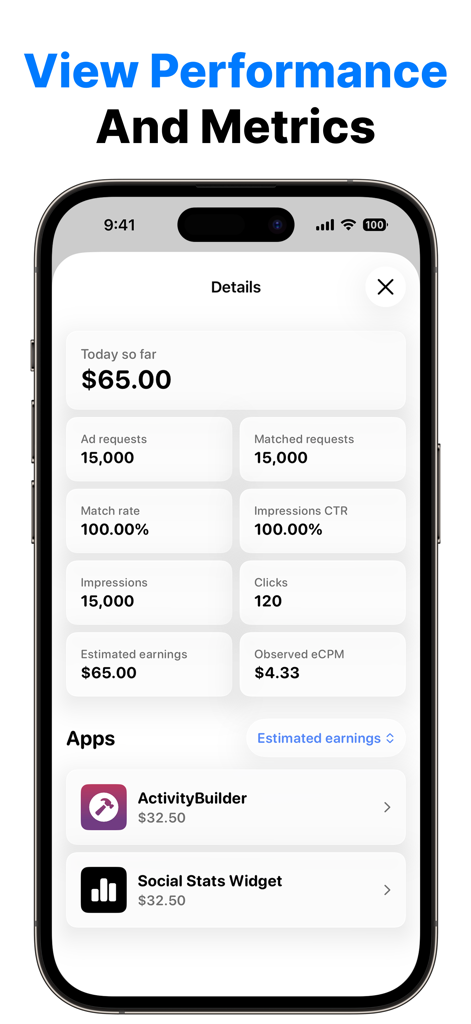 AdView App-Dashboard zeigt tägliche Einnahmen und Anzeigen-Leistungsmetriken auf einem iPhone