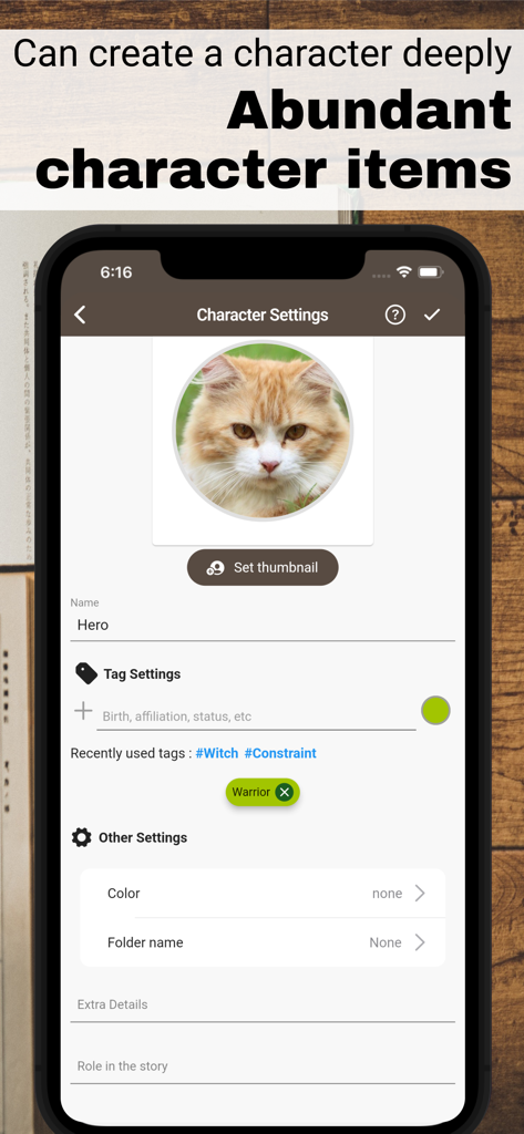 Interface for character settings in the Story Plotter app showing name tags and a cat profile picture