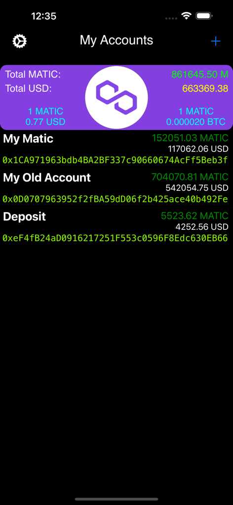 Mobile app screen showing a summary of multiple Polygon wallet addresses with MATIC and USD balances