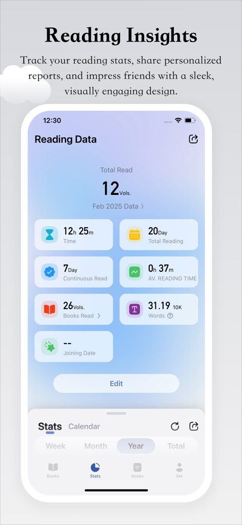 Reading Tracker - TBR Book - Pantalla de aplicación móvil mostrando estadísticas e información de lectura