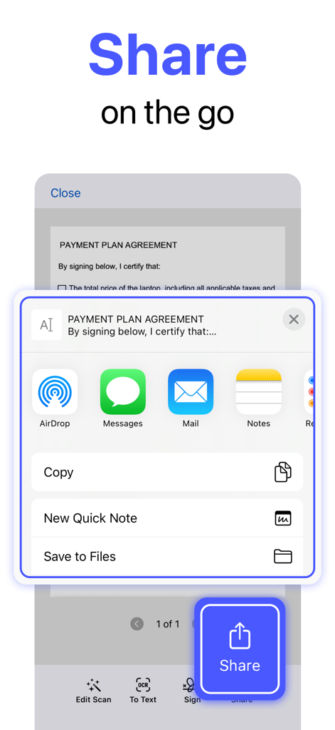 Aplicativo MobiScan mostrando opções de compartilhamento de documentos em um iPhone