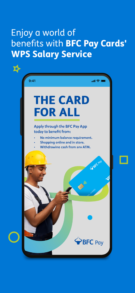 BFC Pay - BFC Payモバイルアプリの画面。最低残高なし、ATM引き出し可能なWPS Salary Serviceカードを宣伝しています。