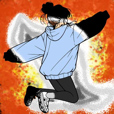 realistic girl jumping with a bun and oversized sweatshirt