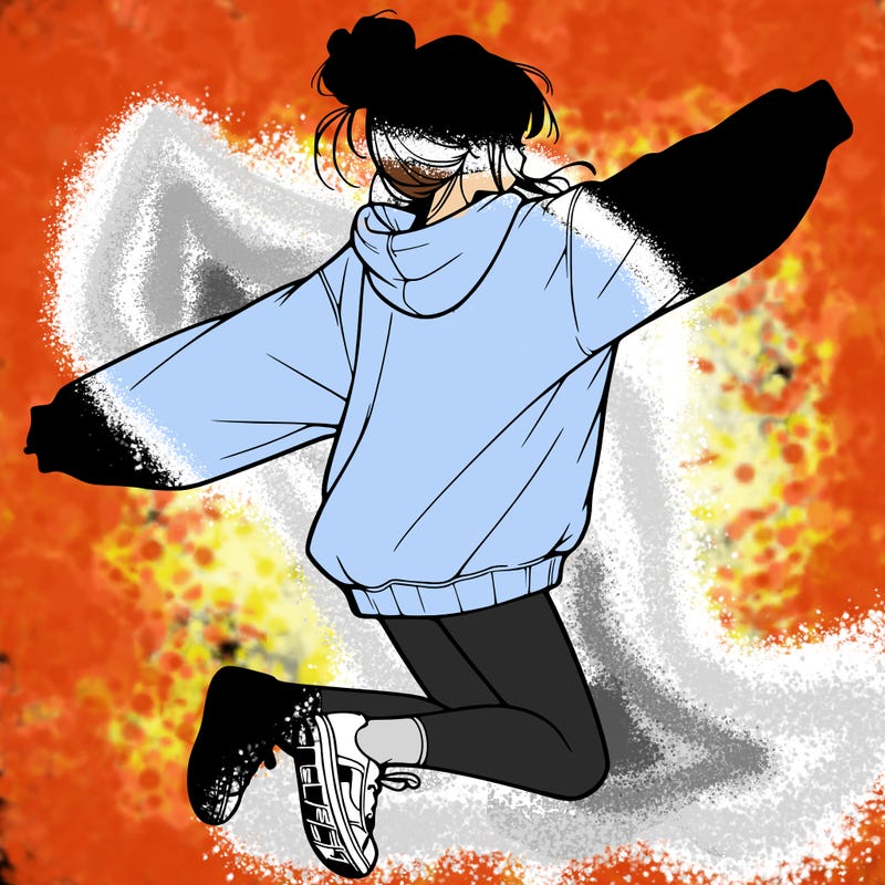 realistic girl jumping with a bun and oversized sweatshirt