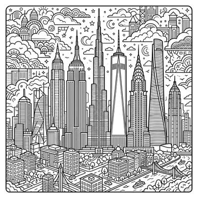Dive into a magnificent urban landscape featuring some of the world's most recognizable skyscrapers. This intricate coloring page invites you to bring a bustling city scene to life with your favorite colors.