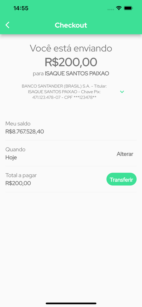 Parcele Já - Conta digital - Tela de checkout do aplicativo da conta digital Parcele Ja mostrando uma transferência de 200 Reais brasileiros para um destinatário.