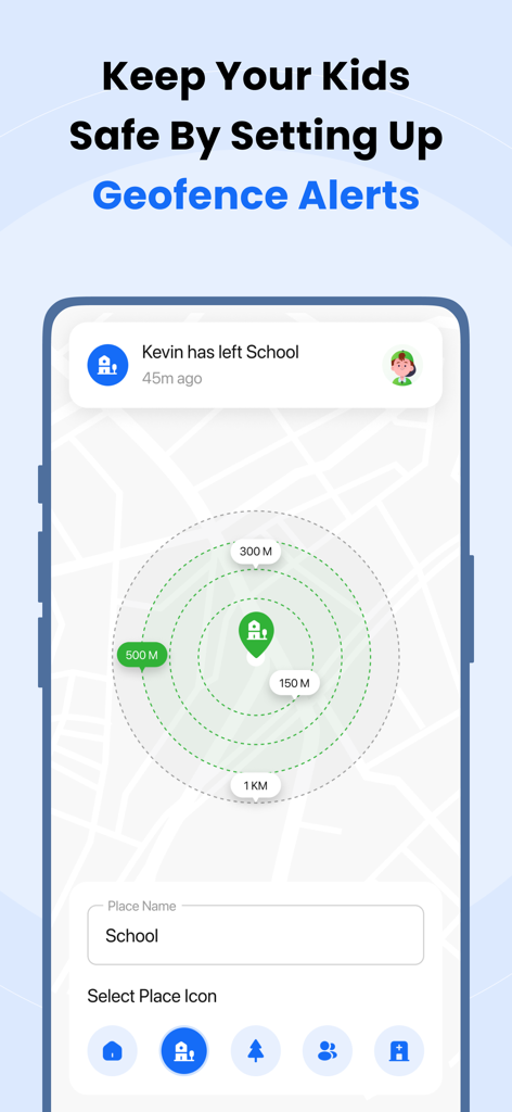 FamilyTime app interface showing geofence alert settings with a map and a notification that a child has left school