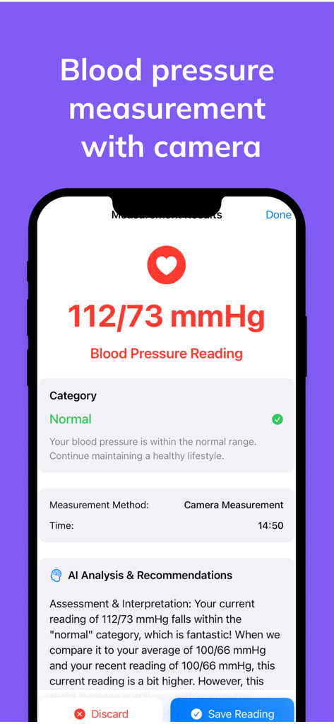 Wellive - GLP-1 Care AI - Wellive app interface showing a normal blood pressure reading of 112 over 73 mmHg measured with a camera and analyzed by AI.