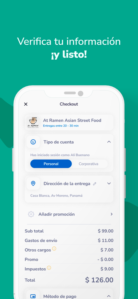 Checkout screen of the ASAP delivery app showing order total and delivery details