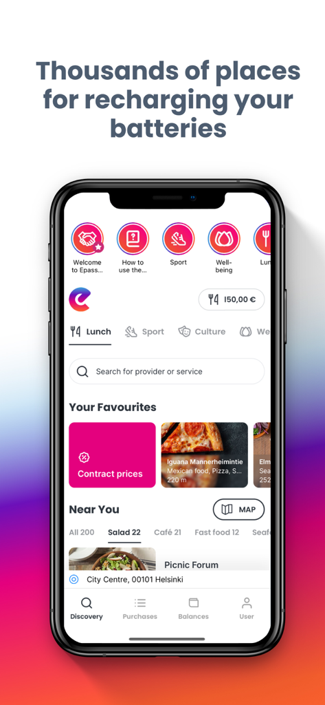 Epassi - Epassi app interface showing discovery of local lunch and wellness benefit providers