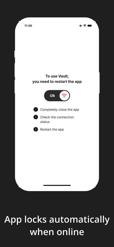 Coconut Vault interface showing the automatic lock screen that activates when an internet connection is detected to ensure air-gapped Bitcoin security