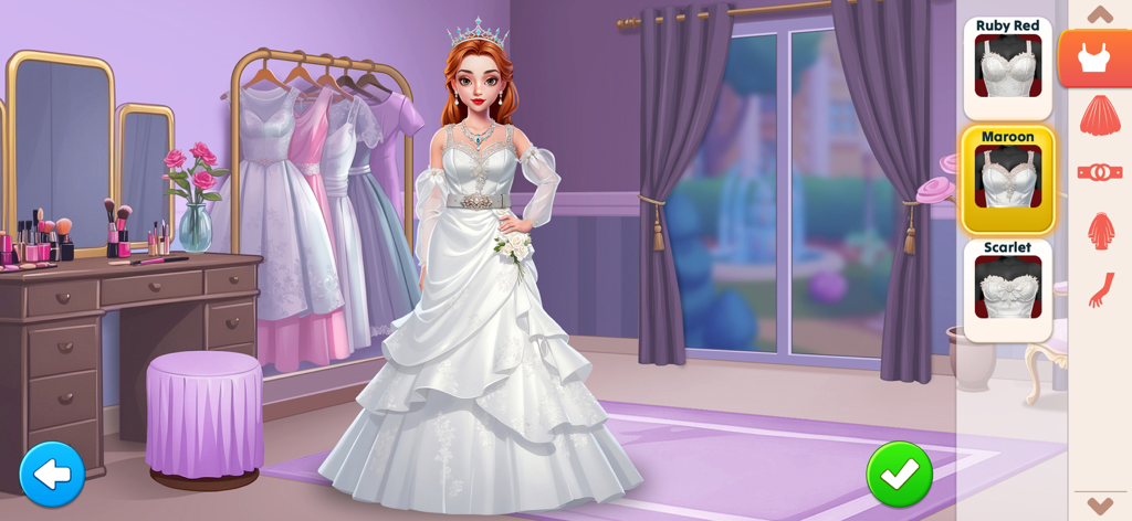 Dream Makeover - Match 3 Games - A character customization screen featuring a bride choosing a wedding dress in the Dream Makeover game