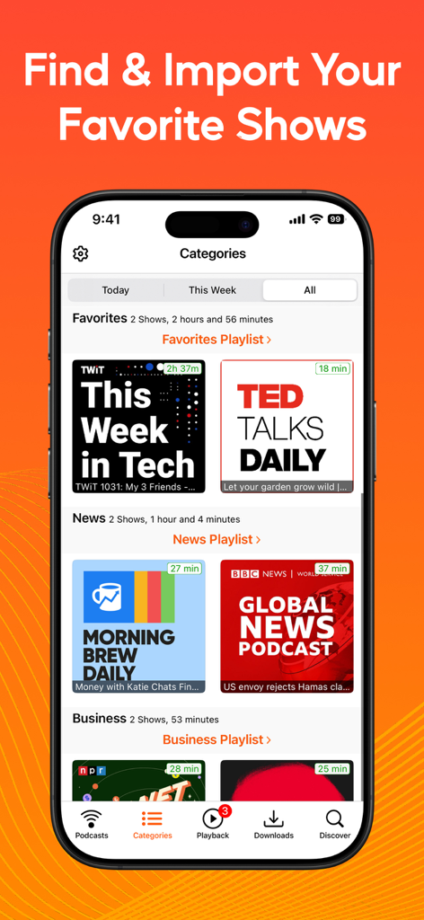 Smartphone screen displaying organized podcast categories including news and business shows.