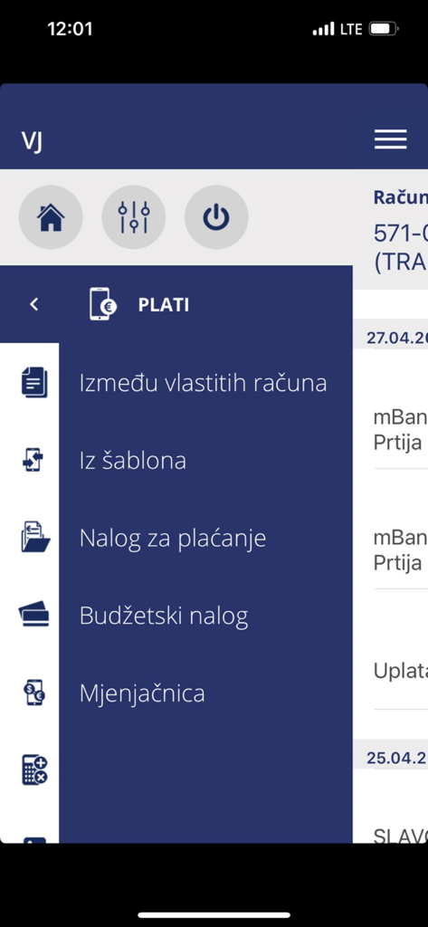 Side menu of the mBank BPS app showing payment options and currency exchange in Serbian