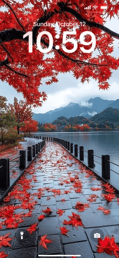 Aesthetic Wallpaper: MoodyWall - Fondo de pantalla estético de bloqueo de iPhone con hojas rojas de otoño junto a un lago