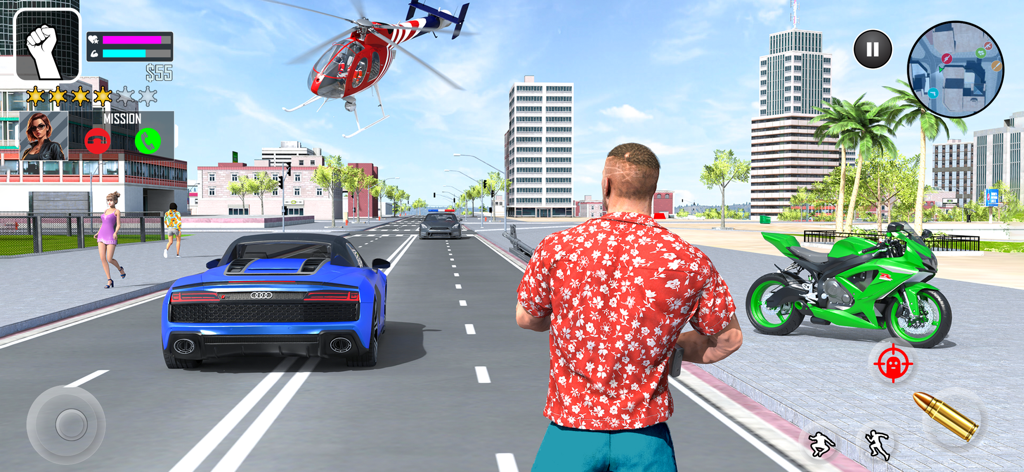 Life of Street Thugs - Third person view of a character in an open world city with a sports car a motorbike and a helicopter