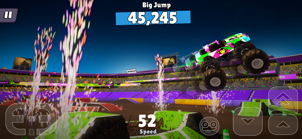 Off Road Mania: 4x4 Car Games - A patterned monster truck performing a high jump in a night stadium with fireworks