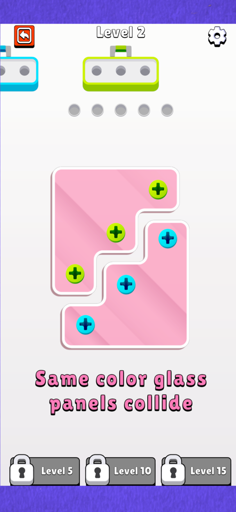 Screw Jam - Screw Jam gameplay showing a logic puzzle with color-coded screws and pink glass panels.