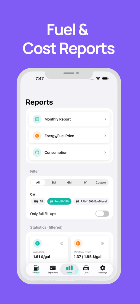 Fuel Cost Calculator & Tracker - Tela de relatórios do aplicativo Calculadora e Rastreador de Custos de Combustível mostrando estatísticas de preços de combustível e opções de filtragem para múltiplos veículos